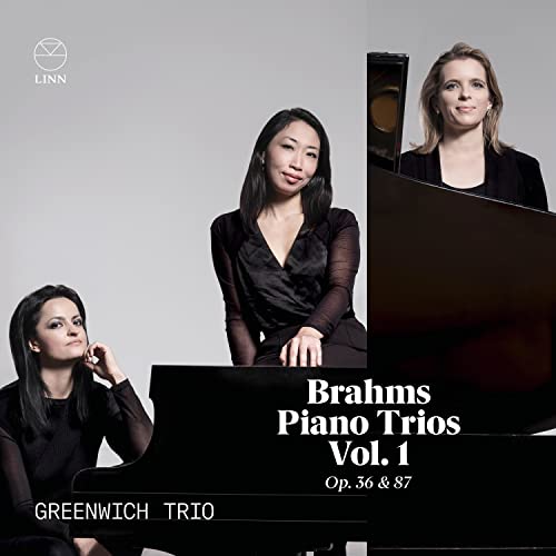 CD cover featuring three musicians and a piano, text: "Brahms Piano Trios.
