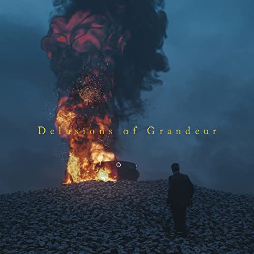 Burning car with a silhouetted figure, moody blue and red tones.
