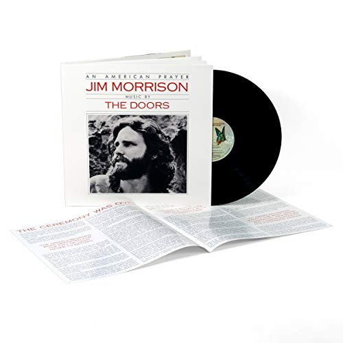 "Album cover featuring black and white photo of Jim Morrison with red text."