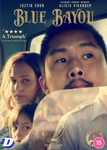 “Blue Bayou” DVD cover featuring Justin Chon, Alicia Vikander, and a young child.
