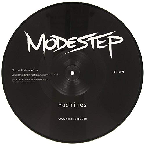 Black vinyl record with "Modestep - Machines" label, white text on a plain white background.