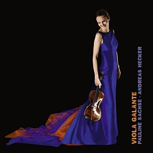 A woman in a blue dress holds a viola, against a black background.
