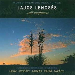 CD cover for Lajos Lencsés’ oboe music with a sunset landscape.