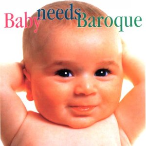 A baby with hands behind head, looking forward, on a white background, album cover.