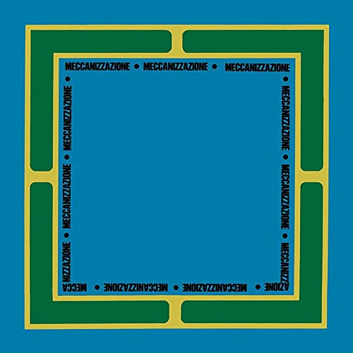 Blue vinyl record cover with repeating green and yellow geometric border.
