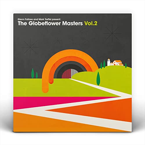 Vinyl record cover: abstract landscape with orange arc and village scene.