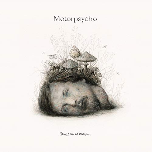 Sketch of a face with mushrooms and butterflies growing from hair.