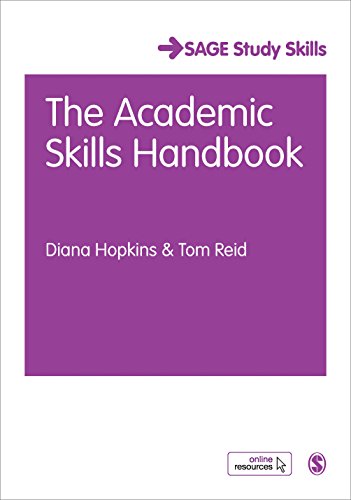 The image depicts a book cover with a purple square and white text. Alt text: Purple book cover with white text reading "The Academic Skills Handbook".