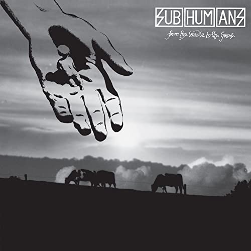 Black and white album cover featuring a hand and grazing animals.