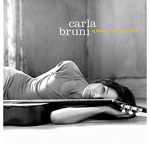 Black and white album cover featuring Carla Bruni lying down with an acoustic guitar.