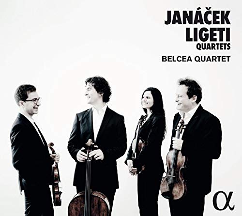 "CD cover featuring the Belcea Quartet musicians in formal attire holding string instruments."