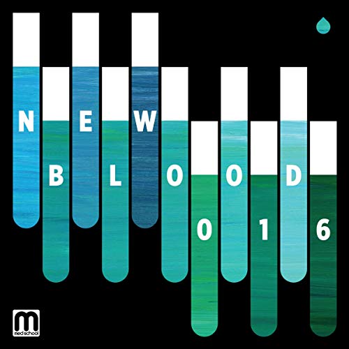 "Album cover with 'NEW BLOOD 016' text on test tubes against a black background."