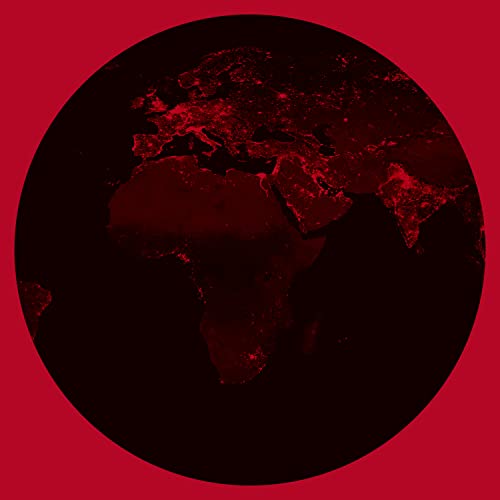 Red monochrome world map with city lights, circular frame.