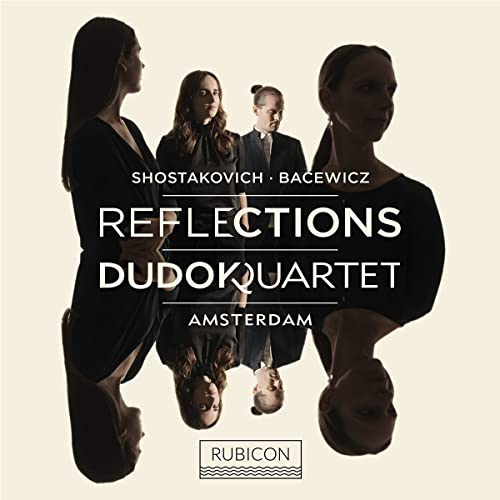 CD cover for Dudok Quartet’s “Reflections” featuring quartet members’ portraits.