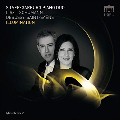 CD cover with black background, man and woman, and swirling gold design elements.
