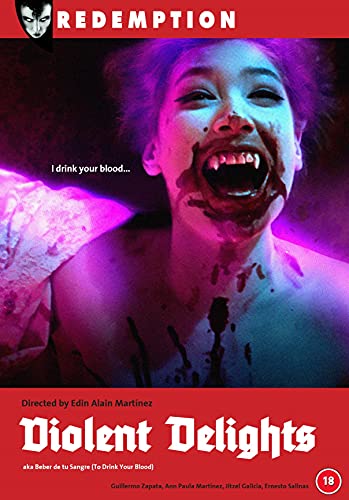Violent Delights" DVD cover: woman with blood around mouth, vampire aesthetic.