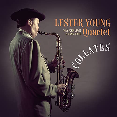 Lester Young playing saxophone, album cover for “Collates” vinyl record.