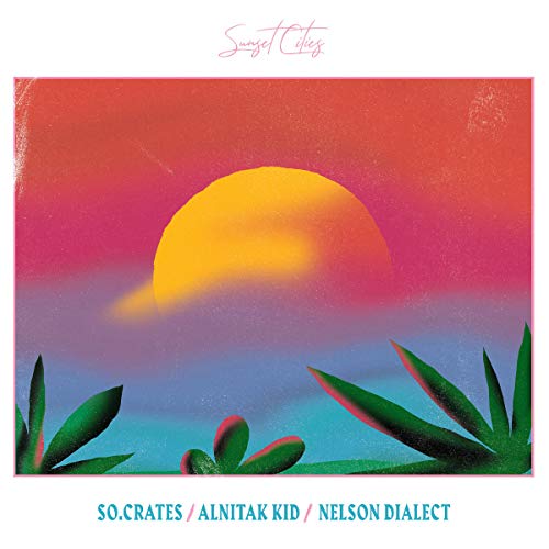 Album cover: Sunset scene with a large yellow sun and palm fronds.
