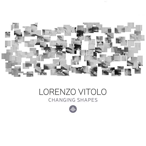 Pixelated black and white image of a face, with text "Lorenzo Vitolo Changing Shapes" below.