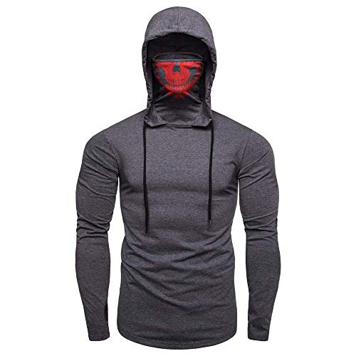 Gray hooded sweatshirt with a red skull-patterned face covering.