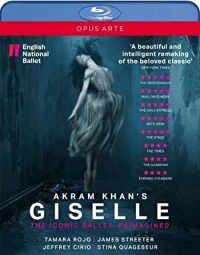 Blu-ray cover for Akram Khan’s “Giselle” featuring a dancer in a flowing dress.