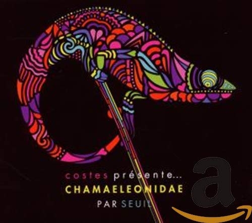 Colorful, patterned chameleon illustration on a black CD cover with text.