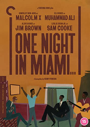 Illustrated DVD cover for One Night in Miami featuring four men in a room.