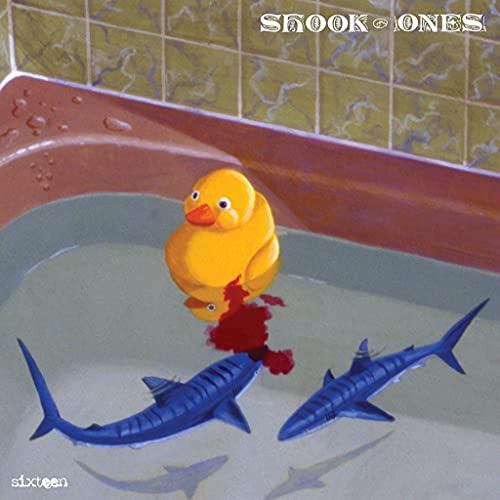 Vinyl album cover: yellow duck in bathtub with sharks, red liquid.