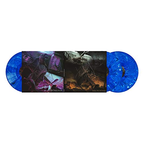 Two blue vinyl records with dark, illustrated album artwork.