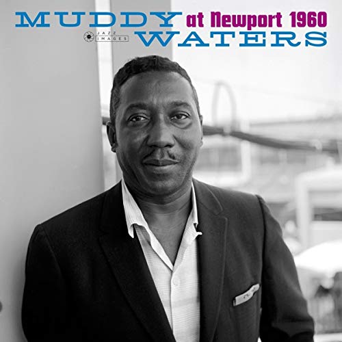 Black and white portrait of Muddy Waters on a vinyl record cover.