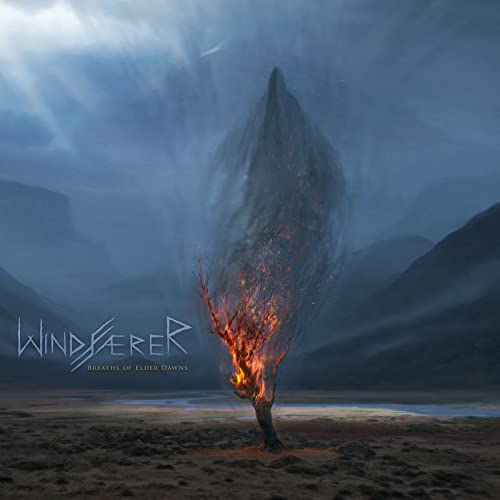 Album cover: fiery tree silhouette against a misty mountain landscape.