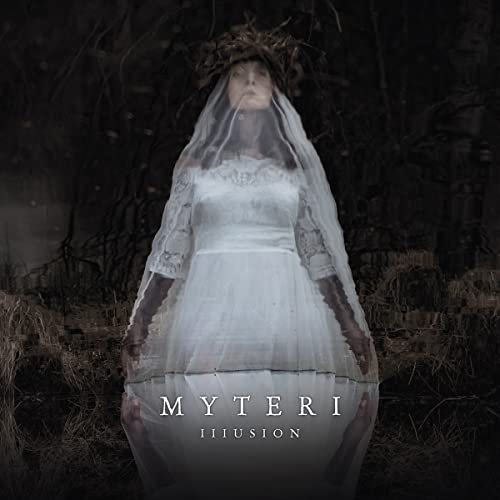 Woman in white dress and veil in a dark forest, album cover.
