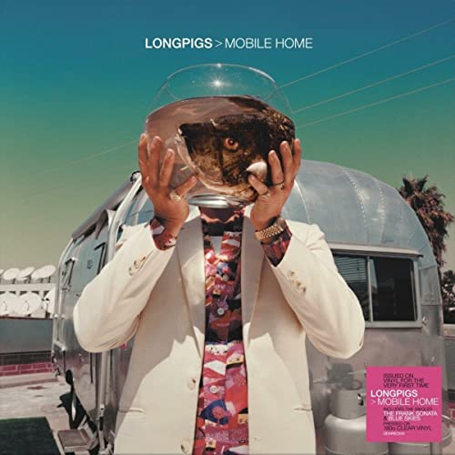 Album cover for Longpigs’ “Mobile Home” featuring a person with a fishbowl head.