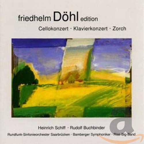 CD cover with abstract landscape painting, featuring green, blue, and yellow hues, on light gray background.