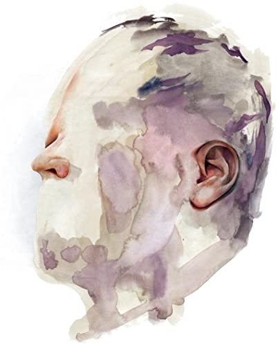 Watercolor portrait of a face in shades of purple, pink, and white.