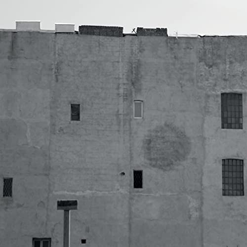 Black and white photo of a textured building facade with small windows.