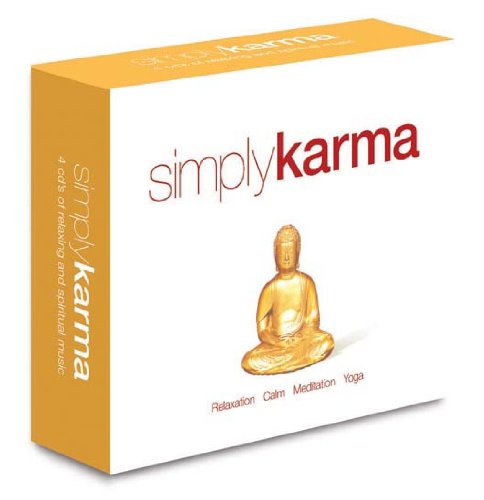 "CD cover with golden Buddha image and 'simply karma' text on a white background."