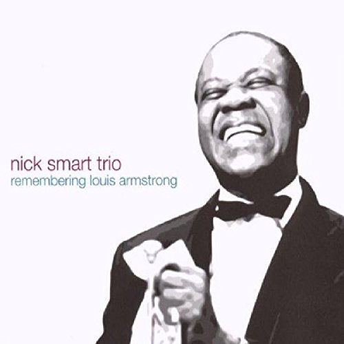 "Album cover with a black-and-white image of Louis Armstrong holding a trumpet."