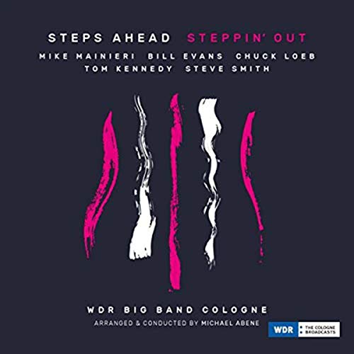 CD cover for Steps Ahead’s “Steppin’ Out” with pink and white brushstrokes.