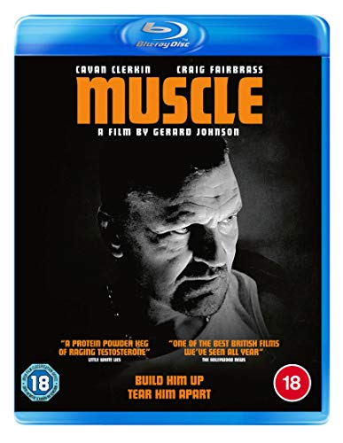 Blu-ray cover for the film Muscle featuring a close-up black and white portrait.
