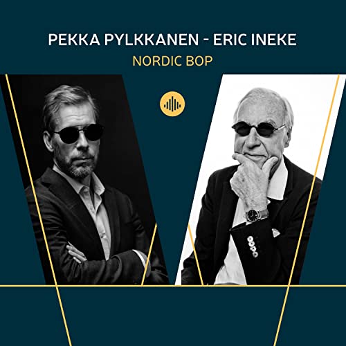 Black and white portrait of two men with sunglasses, album cover.