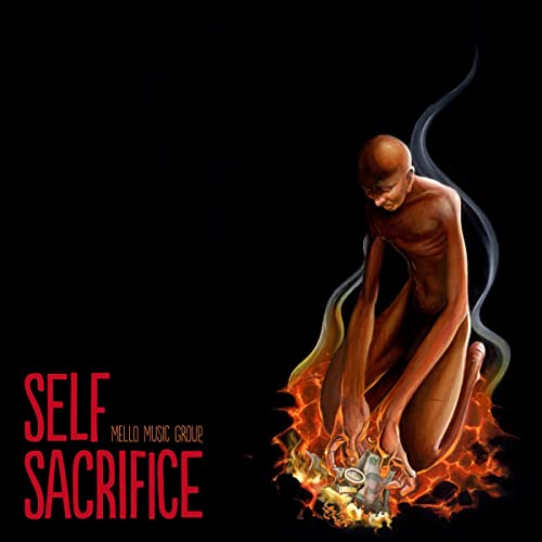 Album cover: a figure kneeling over flames, with red text reading "Self Sacrifice".
