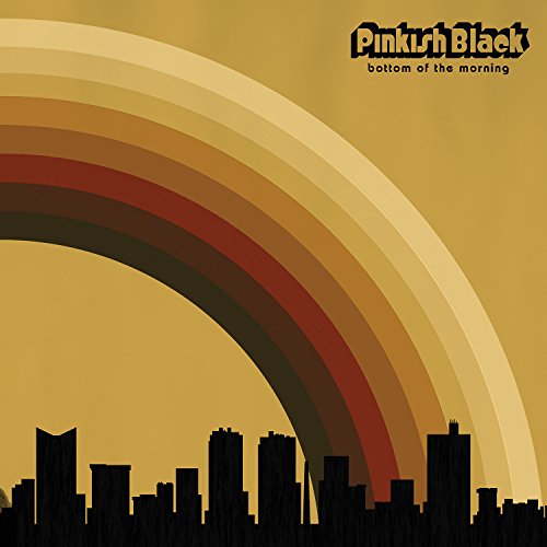 "Album cover with city skyline, rainbow arch, and 'Pinkish Black' title in yellow font."