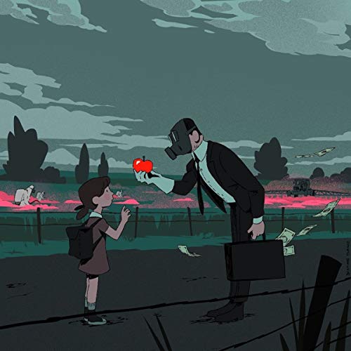 Illustration of a man in a suit offering an apple to a young girl.