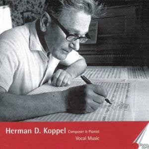 Red banner with white text, black and white photo of man writing sheet music.