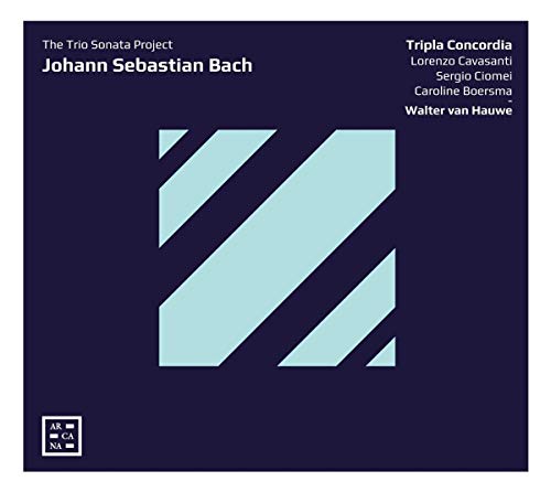 Dark blue album cover with light blue geometric shapes and white text, featuring Johann Sebastian Bach.