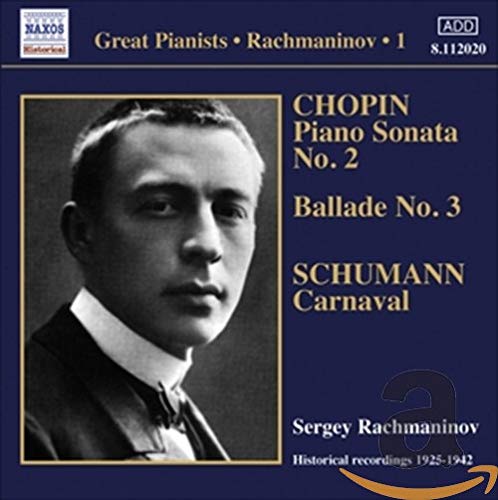 CD cover featuring a portrait of pianist Sergei Rachmaninov and track listing.