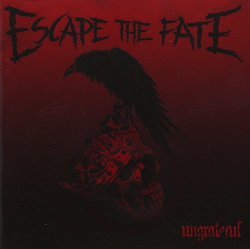 "Album cover with knight and crow silhouette against a red gradient background."