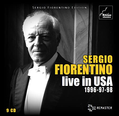 Black and white portrait of pianist Sergio Fiorentino with CD box details.