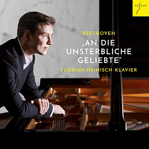 Pianist Florian Heinisch with a grand piano, album cover for Beethoven’s music.